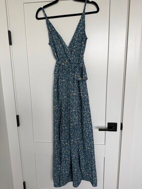 Sleeveless Teal Floral V Front & Back Maxi Dress with Slits